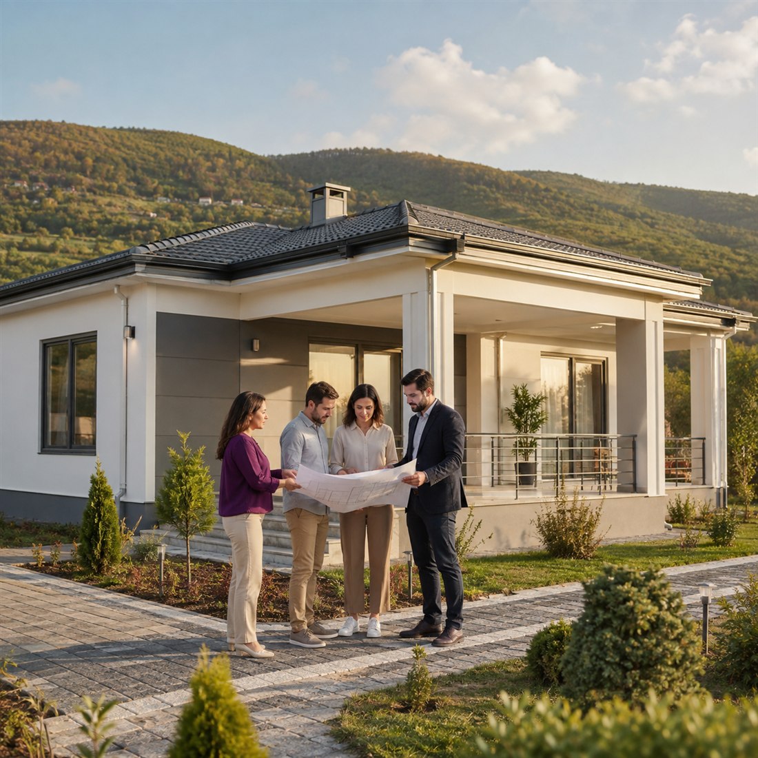 Hazır ev projesini inceleyen ev sahipleri ve proje uzmanı